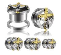 Générique 2 Paires Tunnels pour Oreilles en Acier Chirurgical 8-25mm - Croix Dorée & Crâne Argent Désossé Antique, Filetage Interne pour Bijoux d'Élargissement Hypoallergéniques(22mm)