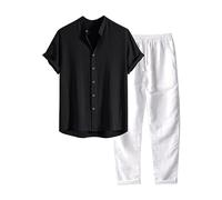 Générique 2 Pieces Ensemble Chemise À Col Chinois Manches Courtes Et Short Pour Homme Chemise Coupe À Épaules Tombantes Décontracté Short Droit À Taille Élastique Et Cordon De Serrage Vetement