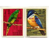 Générique 2 Timbres de Collection des Nouvelles Hébrides, Authentiques et Neufs de 1973. Oiseau, Visite de la Reine. par des Livres Express