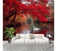 Générique 200x140 cm Seamless Join Easy Install Papier Peint Photo Le Lac Des Cygnes En Automne Durable Waterproof Removable Mural 200x140 Cm Rouge Papier Peint Anti-Stain Fresque Murale Grande