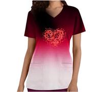 Générique 2024 Blouse Tunique Medicale Femme Manches Courtes Léger Col en V Poche Amour Dégradé Imprimé Vêtements De Protection Haut Manches Courtes Col en V Haut/Chemise Pas Cher