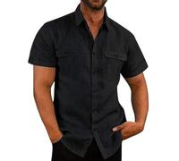 Générique 2025 Chemise Lin Homme Manches Courtes Boutonnée Chemises Coton et Lin pour Hommes Été Décontractée T-Shirt de Couleur Unie Leger Respirant Casual de Plage Classique Grande Taille Pas Cher