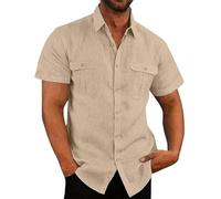 Générique 2025 Chemise Lin Homme Manches Courtes Boutonnée Chemises Coton et Lin pour Hommes Été Décontractée T-Shirt de Couleur Unie Leger Respirant Casual de Plage Classique Grande Taille Pas Cher