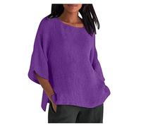 Générique 2025 Chemisier Femme en Coton Lin à Manche 3/4 Décontracté Couleur Unie Blouse Ample Printemps Eté Tunique Femme Col en Rond Casual Hauts LâChe et Respirant T-Shirts Grande Taille Pas Cher