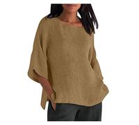 Générique 2025 Chemisier Femme en Coton Lin à Manche 3/4 Décontracté Couleur Unie Blouse Ample Printemps Eté Tunique Femme Col en Rond Casual Hauts LâChe et Respirant T-Shirts Grande Taille Pas Cher