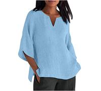 Générique 2025 Chemisier Femme en Coton Lin à Manche 3/4 Décontracté Couleur Unie Blouse Ample Printemps Eté Tunique Femme Col en V Casual Hauts LâChe et Respirant T-Shirts Grande Taille Pas Cher