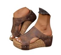 Générique 2025 Cork Wedges & Platform Slides Women's Thick Sole Comfy Leather Wedge Non-slip Summer Sandals Cork Sandals (Brown,39)