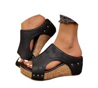 Générique 2025 Cork Wedges & Platform Slides Women's Thick Sole Comfy Leather Wedge Non-slip Summer Sandals Cork Sandals (Black,40)