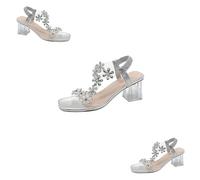 Générique 2025 New Women's Flower Rhinestone Block Heel Sandals, Clear Block Heels Party Wedding Low Sandals (Silver,38)