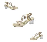 Générique 2025 New Women's Flower Rhinestone Block Heel Sandals, Clear Block Heels Party Wedding Low Sandals (Gold,39)
