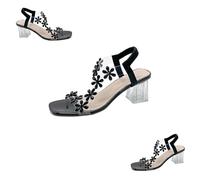 Générique 2025 New Women's Flower Rhinestone Block Heel Sandals, Clear Block Heels Party Wedding Low Sandals (Black,42)