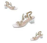 Générique 2025 New Women's Flower Rhinestone Block Heel Sandals, Clear Block Heels Party Wedding Low Sandals (Beige,42)