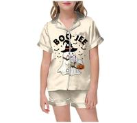 Générique 2025 Pyjamas De Halloween pour Enfants Ensembles Pyjama Ensemble en Coton Simple Haut Top Pantalon Ado Tenues Détente Imprimé fantôme Temps Sommeil, Vacances, Tenue fête
