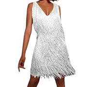 Générique 2025 Robe Disco sans Manches en Plumes à Sequins à Franges de Couleur Unie pour Femmes Robe de Femme Robe Sequins Paillettes Bretelles Spaghetti Robe a Frange Cocktail Robe de Soirée