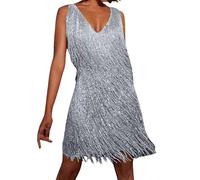 Générique 2025 Robe Disco sans Manches en Plumes à Sequins à Franges de Couleur Unie pour Femmes Robe de Femme Robe Sequins Paillettes Bretelles Spaghetti Robe a Frange Cocktail Robe de Soirée