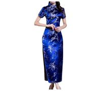 Générique 2025 Robe Femme Jupe Robe Cheongsam Chinoise Vintage brodée à Manches Courtes et Longue Longueur Qipao Traditionnelle pour Femme Robe Paillette Sexy (Dark Blue, XL)