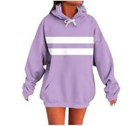 Générique 2025 Sweat à Capuche Femme Manches Longues Col Rond Chaud Automne Sweat-Shirt Simplicité Mode Couleur Unie Rayé Comfort Everyday Pullover avec Cordon de Serrage