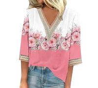Générique 2025-T-Shirt Femme Col V Bord en Dentelle Design Bohémien Tressé Imprimé Gradient Floral et Rayures Roses Rose Ample Manches 7/8 Style Art Romantique Vacances Versatile