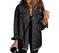 Générique 2025 Women's Casual Denim Button Down Distressed Jacket, New Oversized Button up Frayed Hem Shacket with Pockets (Black,TG)