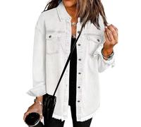 Générique 2025 Women's Casual Denim Button Down Distressed Jacket, New Oversized Button up Frayed Hem Shacket with Pockets (White,S)