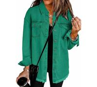 Générique 2025 Women's Casual Denim Button Down Distressed Jacket, New Oversized Button up Frayed Hem Shacket with Pockets (Dark Green,TG)