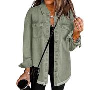 Générique 2025 Women's Casual Denim Button Down Distressed Jacket, New Oversized Button up Frayed Hem Shacket with Pockets (Light Green,S)