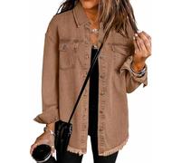 Générique 2025 Women's Casual Denim Button Down Distressed Jacket, New Oversized Button up Frayed Hem Shacket with Pockets (Brown,TTG)