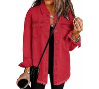 Générique 2025 Women's Casual Denim Button Down Distressed Jacket, New Oversized Button up Frayed Hem Shacket with Pockets (Red,M)