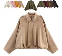 Générique 2025 Womens Faux Suede Bomber Jacket Lapel Collar Zip Front Coat Long Sleeves Trendy Y2K Streetwear Outerwear (Khaki,S)
