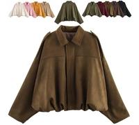 Générique 2025 Womens Faux Suede Bomber Jacket Lapel Collar Zip Front Coat Long Sleeves Trendy Y2K Streetwear Outerwear (Brown,S)
