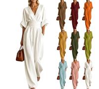 Générique 2026 Combinaison Femme d'Été, Manche Courte Demi-Manche, Col en V, Taille Empire, Vintage, avec Poches, pour Travail et Vacances, Décontractée