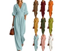Générique 2026 Combinaison Femme d'Été, Manche Courte Demi-Manche, Col en V, Taille Empire, Vintage, avec Poches, pour Travail et Vacances, Décontractée