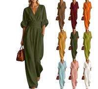 Générique 2026 Combinaison Femme d'Été, Manche Courte Demi-Manche, Col en V, Taille Empire, Vintage, avec Poches, pour Travail et Vacances, Décontractée