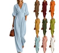 Générique 2026 Combinaison Femme d'Été, Manche Courte Demi-Manche, Col en V, Taille Empire, Vintage, avec Poches, pour Travail et Vacances, Décontractée