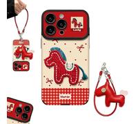 Générique 2026 Embroidered Pony Lanyard New Year Phone Case, Anti-Drop Armor Leather Texture Red Bottom Phone Case with Horse Lanyard for iPhone X/11/12/13/14/15/16/17 Series (for iPhone 15)