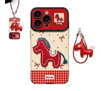 Générique 2026 Embroidered Pony Lanyard New Year Phone Case, Year of The Horse Anti-Drop Armor Leather Texture Case with Horse Lanyard (for iPhone 12 Pro)