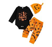 Générique 2026 Ensemble Automne Bébé Garçon Halloween Trois Pièces Manches Longues Pantalon Chapeau Doux Imprimé Citrouille (Black, 12-18 Months)