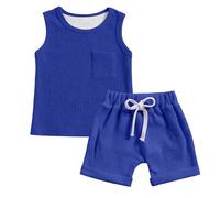 Générique 2026 Ensemble Débardeur Et Short pour Garçon sans Manches Col Ron avec Poches Tenue Décontractée Sportive D'Été (Blue, 12-13 Years)