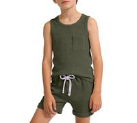 Générique 2026 Ensemble Débardeur Et Short pour Garçon sans Manches Col Ron avec Poches Tenue Décontractée Sportive D'Été (Army Green, 6-7 Years)