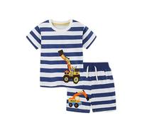 Générique 2026-Ensemble décontracté deux pièces garçon manches courtes rayées imprimé excavatrice idéal été tenue casual pour petit enfant (White, 3-4 Years)