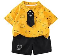 Générique 2026 Ensemble deux pièces tendance pour garçon chemise été élégante manches courtes nœud motif enfants 2 à 8 ans (Gold, 5-6 Years)