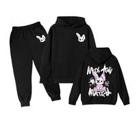 Générique 2026 Ensemble enfant avec sweat à capuche et pantalon long imprimé lapin cartoon coupe confortable pour filles moyenne et grande (Black, 9-10 Years)