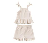 Générique 2026 Ensemble Estival Deux Pièces pour Bébé Fille Haut Sans Manches Volanté Short Élastique Tenue Décontractée Nourrisson Plage École Fête Yoga 0-18 Mois (Beige, 74)