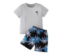 Générique 2026 Ensemble Estival Garçon Chemise Manches Courtes Short Imprimé Noix Tenue Décontractée Enfant 2-12 Ans Mode Saison Chaude (Grey, 11-12 Years)