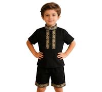 Générique 2026 Ensemble Estival Garçon Style Ethnique Chemise Manches Courtes Dentelle Short Brodé Tenue Moyen Orientale Muslim Casual Plage École Fête (Black, 5-6 Years)
