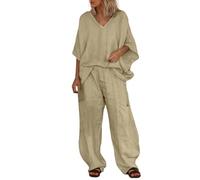 Générique 2026 Ensemble pantalon décontracté pour femme col V poches amples manches mi-longues couleur unie tenue idéale promenade bureau (Khaki, L)