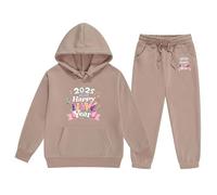 Générique 2026 Ensemble Pull et Pantalon à Capuche Manches Longues pour Enfants Moyenne Grande imprimé Lettres Nouvel an 2025 Tenue décontractée Fille (Khaki, 12-13 Years)