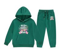 Générique 2026 Ensemble pull et pantalon à capuche manches longues pour enfants moyenne grande imprimé lettres nouvel an 2025 tenue décontractée fille (Dark Green, 2-3 Years)