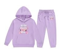 Générique 2026 Ensemble Pull et Pantalon à Capuche Manches Longues pour Filles Moyenne Grande imprimé Lettres Nouvel an 2025 Tenue Enfant Confortable (Purple, 4-5 Years)