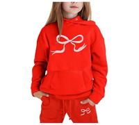 Générique 2026 Ensemble Sweat à Capuche Enfant avec imprimé nœud élégant Tenue décontractée vêtement Fille Haut Pantalon Assorti (Red, 8-9Years)
